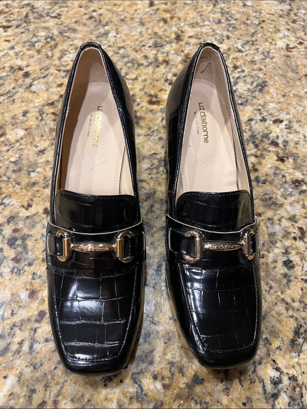 Liz Claiborne Black Croc-Embossed Loafers with Gold Hardware